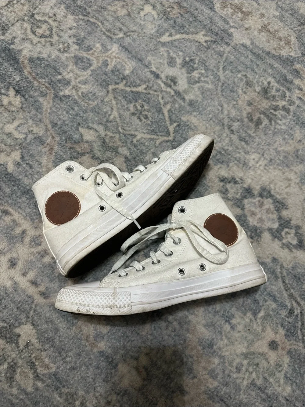 White High-Top Canvas Sneakers with Brown Patch